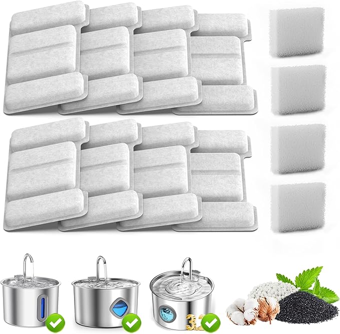 Cat Water Fountain Filter for 108oz/3.2L Stainless Steel Automatic Cat Fountains,Pet Water Dispenser Filter Replacement,Contains 8 Filters and 4 sponges