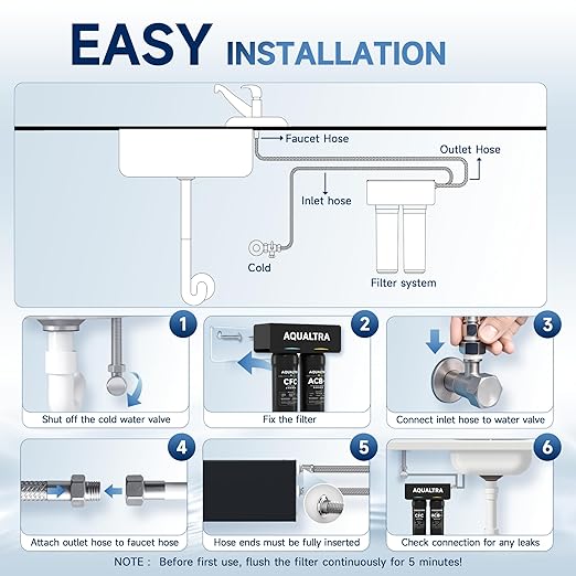AQUALTRA USF-2B-10 Slightly Alkaline Under Sink Water Filtration System, 20000 Gallons Under-Sink Water Filter, 0.5 μm Carbon Fiber Filter Reduces Chlorine, Chloramine, Fluoride, Bad Taste & Odor