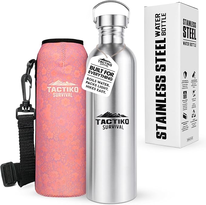 Tactiko Survival 51 oz/1500ml Stainless Steel Wide Mouth Water Bottle, Single Wall Boil-Safe, Leakproof, BPA-Free with Carry Sleeve and Strap for Camping, Hiking, Outdoor Prep (Pink)