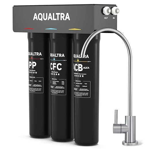 AQUALTRA USF-3F-15 Slightly Alkaline Under Sink Water Filtration System, 8K-40K Gallons with Faucet, 0.5 μm Carbon Fiber Filter Reduces Chlorine, Chloramine, Fluoride, Bad Taste & Odor