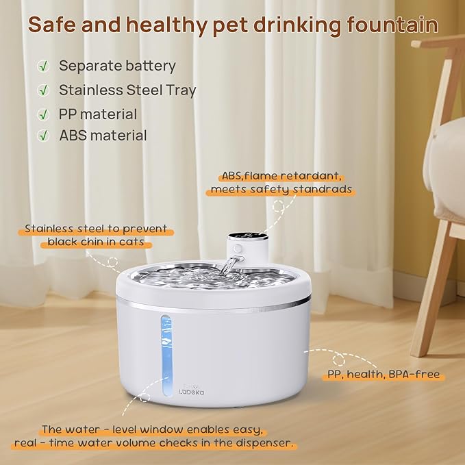 Wireless Cat Water Fountain with Stainless Steel Tray, 102oz/3L Pet Water Fountain for Cats Inside, Cat Fountain for Drinking with Motion Sensor, Ultra Quiet Pump, Cats & Dogs Gifts (White)