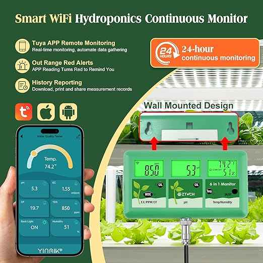pH EC Continuous Monitor for Hydroponic, 6 in 1 WiFi EC PPM CF pH Meter, Digital pH TDS Temp Humidity Conductivity Monitor for DWC Hydroponic System, Aeroponic Gardening, Aquaponic