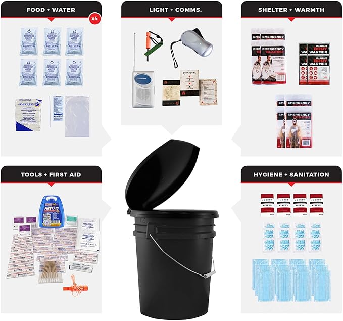 4 Person Necessity Survival Kit, Bucket and Lid, Closeable Toilet Seat Lid, Classroom Lockdown Kit, Office Emergency Kit, Food and Water Plus Survival Tools and Supplies