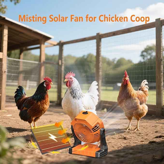 Ausic 10W Solar Fan with Mister, Misting Camping Fan with Solar Panel, Portable Outdoor Fans, 8 Inch Battery Operated Rechargeable Cooling Fans with Water Spray for Travel/Beach/Chicken Coop