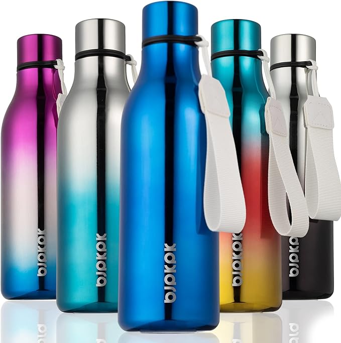 BJPKPK Insulated Water Bottles, 18 oz Stainless Steel Metal Water Bottle with Strap, BPA Free Leak Proof Jugs, Mugs, Flasks, Reusable Thermal Flasks for Sports & Travel, Shining Blue