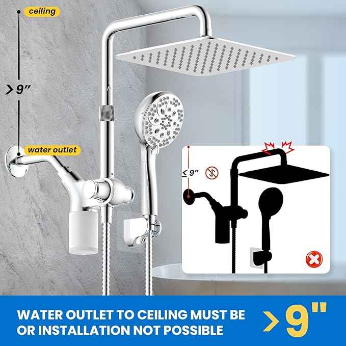 Ryamen Upgraded Dual Shower Heads Combo, 10 inch Filtered Shower Head with Handheld, 3-Way Rain Shower Head with Filters, 7 Settings Handheld Spray, High Pressure, Height Adjustable (Silver)