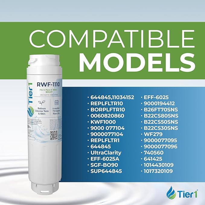 Tier1 RWF1110 9000 077104 Refrigerator Water Filter | Replacement for Bosch 644845, REPLFLTR10, UltraClarity, 11034152 Fridge Filter - Up to 18 Months Supply | Easy Install | Odor Control (3-pk)