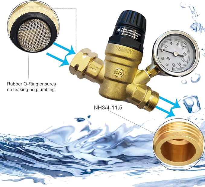 RV Water Pressure Regulator Valve with Handle Adjustable, Silicone Oil Gauge, Double Filters,Made of Leadless Brass,0-160 PSI Gauge,3/4" Connector for Camper Travel Trailer Water Pressure Control