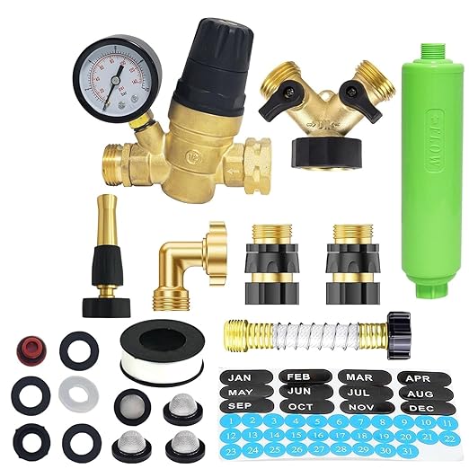RV Water Pressure Regulator, Water Pressure Regulator for RV Camper, Camper Water Pressure Regulator with RV Water Regulator, Water Filter, Quick Connect Water Hose, Brass Elbow Flexible Connector
