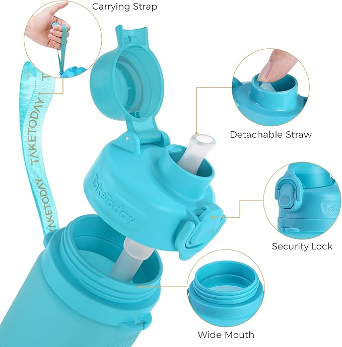TakeToday Collapsible Water Bottles 20oz (600mL), Foldable Platinum Silicone Travel Water Bottle with Straw & Carry Strap, Leak-Resistant Screw Lid, Wide Mouth, BPA-Free for Hiking, Camping, Travel
