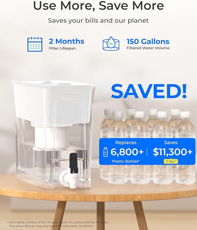 Waterdrop 35-Cup Large Water Filter Dispenser, Fluoride-Reducing, 150-Gallon Long-Life, Reduces Chlorine, PFOA/PFOS and More, BPA Free, White (with 1 Filter)
