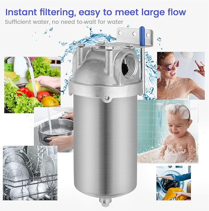 Amwater NSF/ANSI 42 Stainless Steel Whole House Water Filter Housing, 5" x 2.5" Sediment Water Filter System for Heavy Duty, Well & City Water, 1/2" NPT Port, Drain Valve Style C