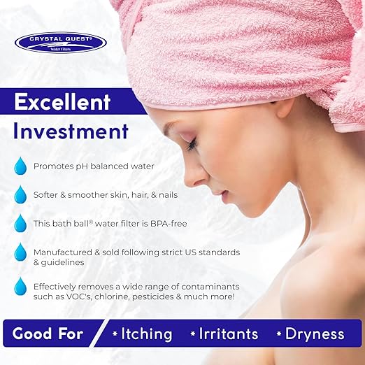 Crystal Quest Bath Ball Water Filter for Bathtub - 3-Stage Filtration, Removes Chlorine, Chloramine & Byproducts, 2,500 Gallons, BPA Free, pH Balanced Water, Fits Most Tubs, Easy Install - Blue