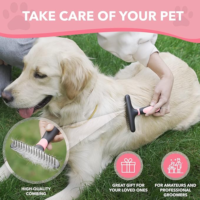 Dog rake deshedding dematting Brush Comb - Undercoat rake for Dogs, Cats, matted, Short,Long Hair Coats - Brush for Shedding, Double Row Stainless Steel pins - Reduce Shedding by 90% (Pink) - AquaVibe