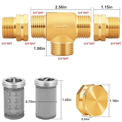 T Line Strainer Garden Hose Filter with 100 Mesh and 40 Mesh Screen and 2 PCS GHT to NPT Adapter Pressure Washer or Heater Inlet for RV Camping Car Wash On Pipe Strainer (with Cap)