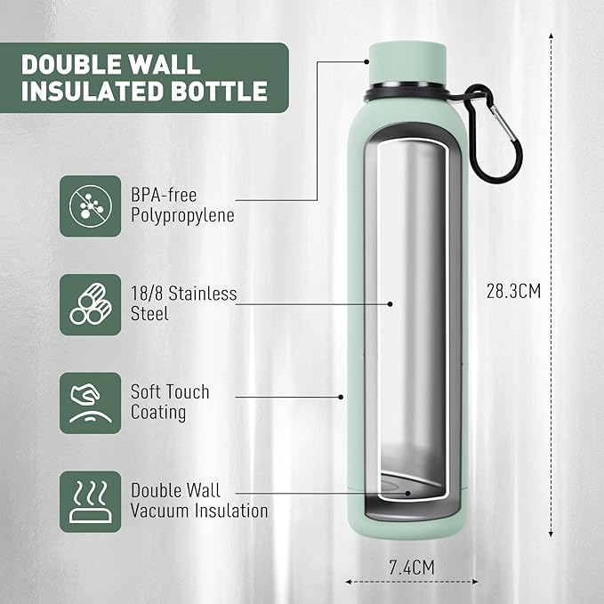 Exllena Slim Insulated Water Bottles for Travel 25oz with Clip, Double Wall Vacuum Stainless Steel Water Bottle Keeps Drinks Cold 24 Hrs/Hot 12 Hrs, 100% Leakproof, BPA Free(Mint)