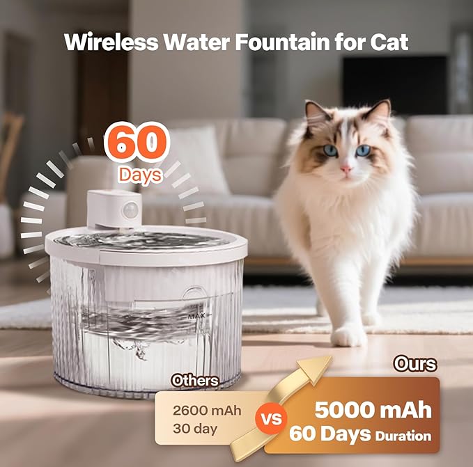 Sharper Image Wireless Water Fountain for Cats, 68oz/2L Ultra Quiet Pump Cordless Cat Water Fountain, Rechargeable Cat Drinking Fountain with Motion Sensor, 2 Replacement Sponge Filters & Mat