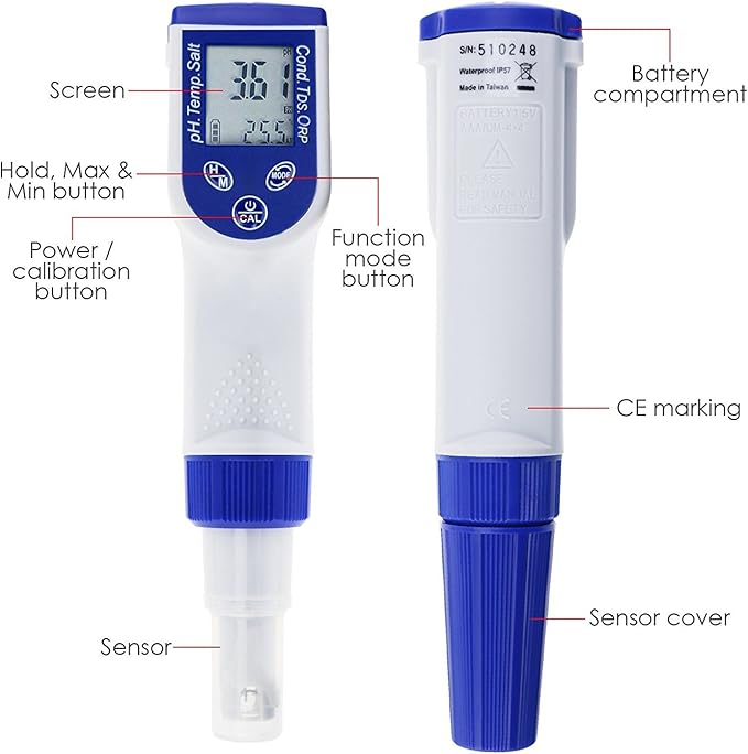 TEKCOPLUS 6-in-1 Water Quality Tester, Waterproof Digital Pen Type Multiparameter Water Tester Combo Pen with pH/ORP/EC/TDS/Salinity/Temperature Testing Kit and Replaceable ORP Probe