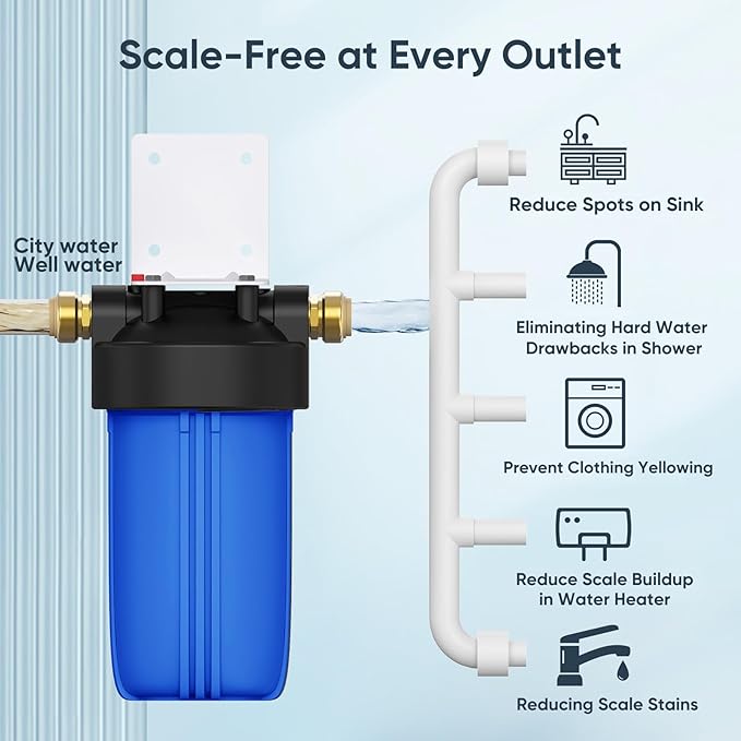 Whole House Water Softener Alternative, 4-Layer Scale Prevention Filter with 25,000 Gallons Capacity, Reduces Chlorine and Prevents Scale Buildup on Shower Head, Dishwasher, and More