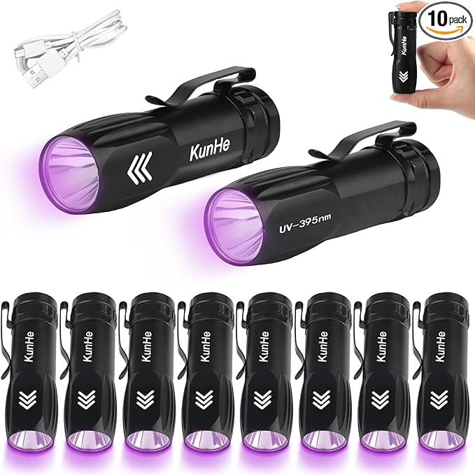 KunHe 10 Pack Mini UV 395nm Flashlight 3W Rechargeable UV Flashlight Bulk for Hotel Cleaning Pet Stain Detection Scorpion Seeking Mineral Identification Resin Curing