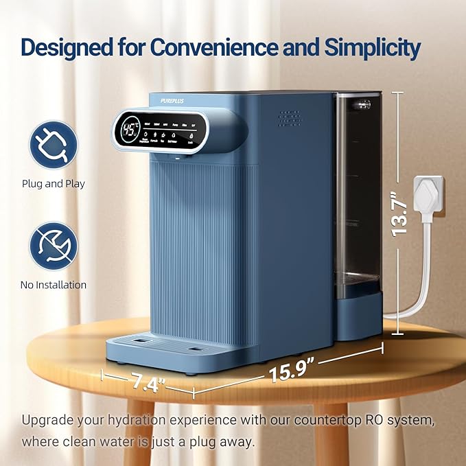 PUREPLUS Countertop Reverse Osmosis Water Filtration System, 5 Stage Countertop Water Filtration, Portable Instant Hot Water Dispenser, No Installation Required, Blue