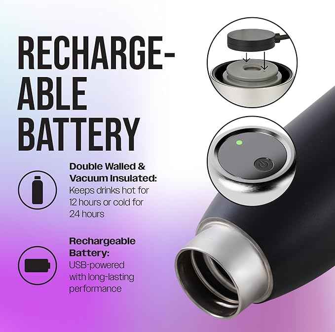 FIRSTHEALTH UV Self-Cleaning Water Bottle, 18oz Insulated Stainless Steel Tumbler with UV-C Purifier, Rechargeable Self-Sterilizing Cap, Kills 99.9% Bacteria, Keeps Drinks Hot 12HR/Cold 24HR