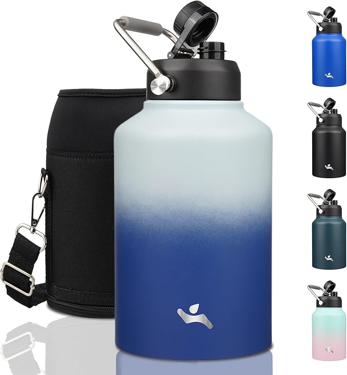 1 Gallon Jug with Handle,128 oz Insulated Water Bottle with Carrying Pouch, Double Wall Vacuum Stainless Steel Metal Bottle,Sky