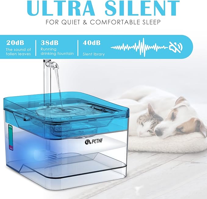 PETNF Blue Pet Water Fountain, 101oz/3L Automatic Cat and Dog Water Dispenser with LED Light, Ultra Quiet Pump, 3 Flow Settings & 2 Filters - AquaVibe