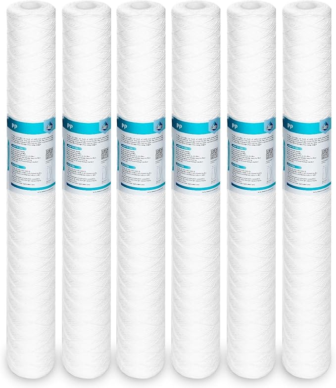 Membrane Solutions 10 Micron 2.5" OD x 20" Length String Wound Sediment Polypropylene Replacement Water Filter Cartridge - 6 Pack