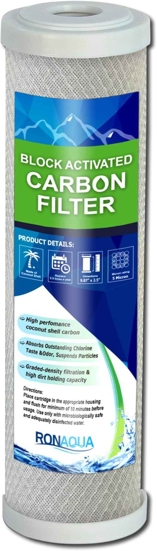 Block Activated Carbon Coconut Shell Water Filter Cartridge 5 Micron for RO & Standard 10” Housing WELL-MATCHED with WFPFC8002, WFPFC9001, WHCF-WHWC, WHEF-WHWC, FXWTC, SCWH-5