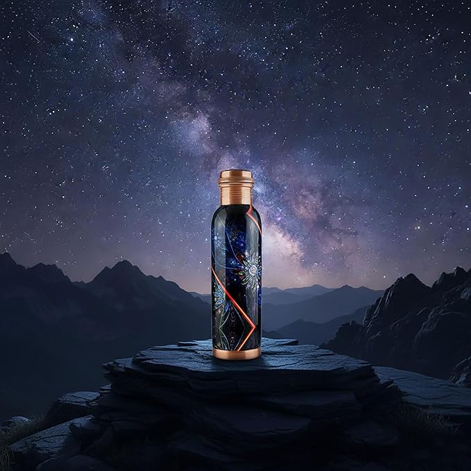 Pure Printed Copper Water Bottle - Leak Proof Ayurvedic Drinkware Copper Vessel for Sports, Gym, Outdoors, Yoga, Health Benefits