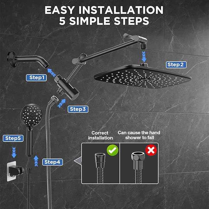 Veken 11.8" Rain Shower Head with Handheld, Family's Choice Award, High Pressure Handheld Shower Heads with Multi Spray Modes, Rainfall Combo with Extension Arm,Detachable Dual Shower, Matte Black