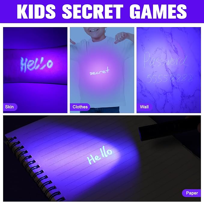 Tegeme 8 Pcs Black Light Markers Set 4 Invisible Ink Pen 4 Mini UV Flashlights Invisible Ink Marker Disappearing Pen for Spy Gadgets Secret Message Gift Party Favors(Black)