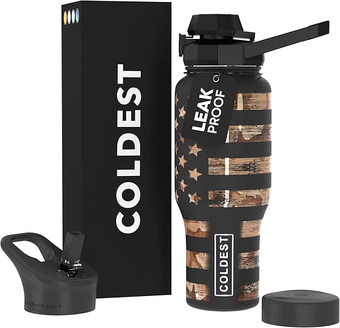 Coldest Sports Water Bottle - 3 in 1 Lids (Chug, Straw, Handle) - Insulated Stainless Steel Tumbler with Handle - Vacuum Water Flask Cup, Valentines Gifts for Him Her (36 oz, The American)