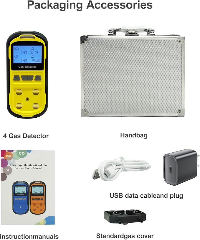 Upgraded 4 Gas Monitor Multi Gas Detector, Yfwsrecinoe Gas Leak Detector, Rechargeable 4 Gas Monitor Ex H2s Co O2 with LCD Multiple Indicator (Yellow)