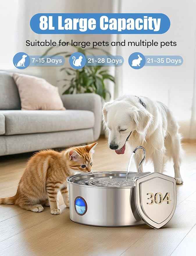 Dog Water Fountain for Large Dogs- 8L/270oz Stainless Steel Dog Fountain Dispenser Automatic Pet Water Bowl with Ultra-Quiet Pump/Quadruple Filtration for Large Pups Cats & Multi-Pet