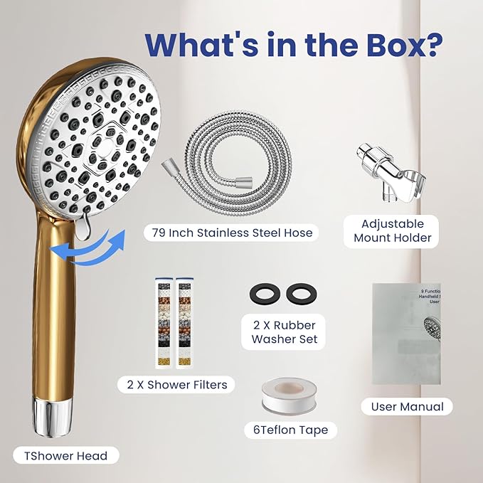 Filtered Shower Head with Handheld,7 Spray Settings High Pressure Showerhead Built in Power Wash to Clean Tub, Tile & Pet, Showerhead with Filters for Hard Water - Remove Chlorine, (gold) - AquaVibe