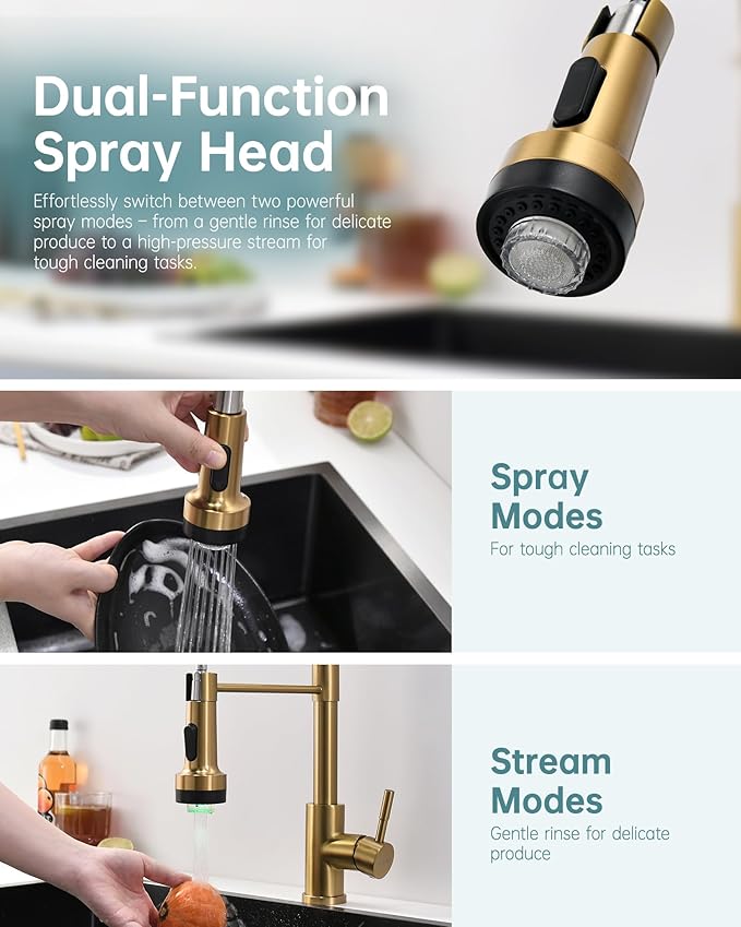 GIMILI Gold LED Kitchen Faucet with Soap Dispenser, Modern Single Handle Spring Kitchen Sink Faucets with Pull Down Sprayer