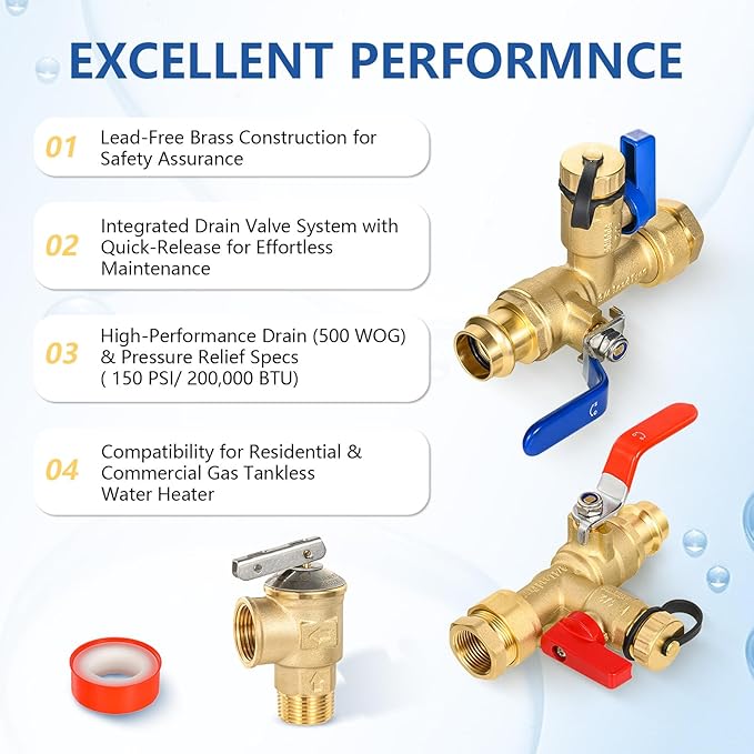 3/4 Inch GUOFIS IPS Tankless Water Heater Valve Kit with Pressure Relief Valve(3/4"FIPx 3/4" Press),2 Set Water Heater Valve Kit