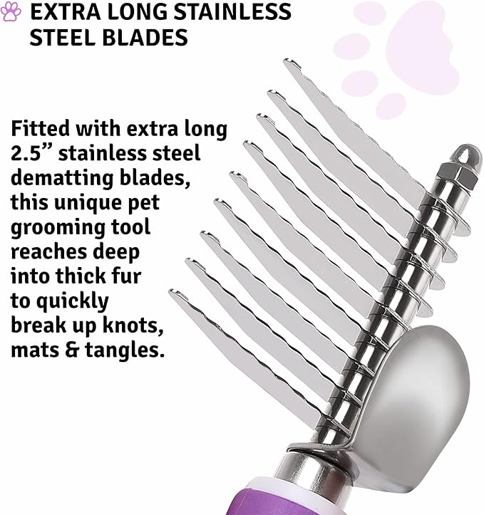 Poodle Dematting Fur Rake Comb Brush for Dogs and Cats - Long 2.5" Steel Safety Blades Metal Comb for Detangling Matted or Knotted Undercoat Hair - AquaVibe