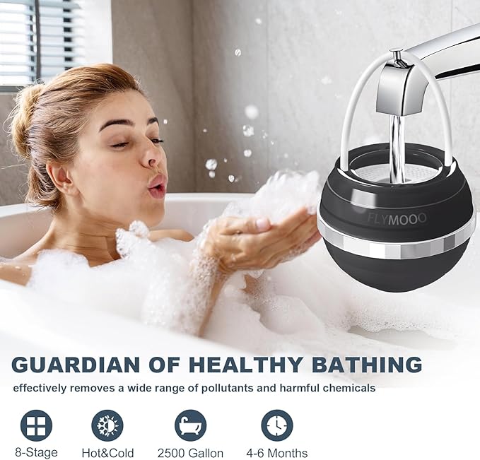 Bath Water Filter for Tub Faucet - 8 Stages Bathtub Water Filter Reduces Contaminants for Softer, Smoother Skin - 2,500 Gallons of Filtration, BPA Free (Black) - AquaVibe