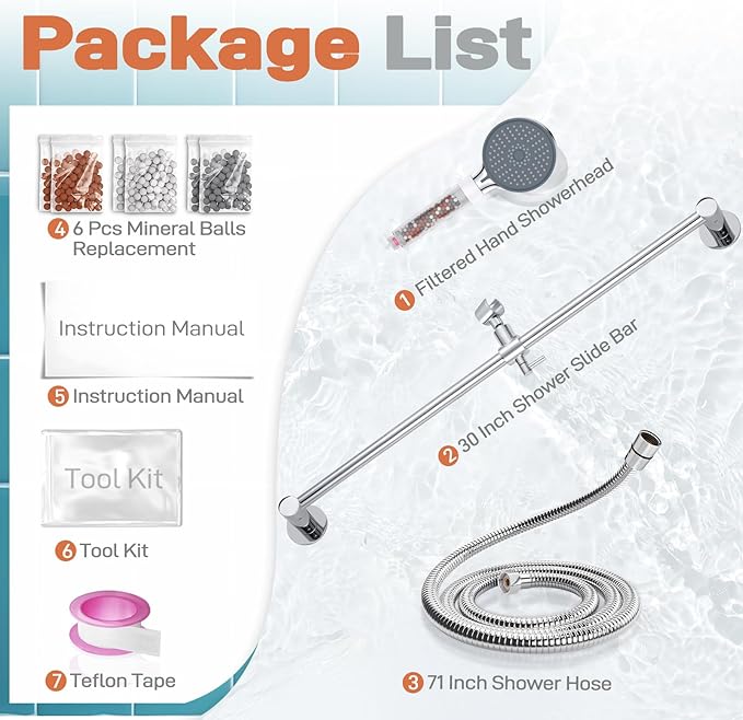 YDmeet Filtered Handheld Showerhead with 30-Inch Shower Slide Bar Set, 3-Mode Spray Setting, Long Metal Hose, Extra 6 Packs Replacement Mineral Balls for Refills, Chrome - AquaVibe