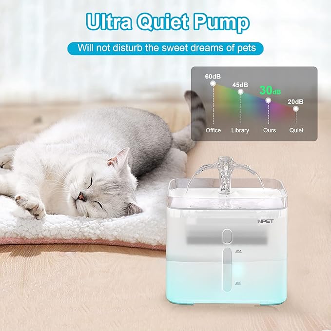 NPET Cat Water Fountain, 3L Automatic Pet Drinking Fountain Dog Water Dispenser with Quadruple-Action Filter (Semi-White, with an Adapter)