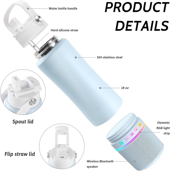 Water Bottle with Portable Bluetooth Speaker - Modular Insulated Water Bottles w/Handle, BT5.3, TWS Pairing Speaker and Stainless Steel Cups for Camping Sports Beach (Blue)