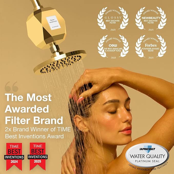 Filterbaby Diamond Shower Filter, IAPMO Certified to NSF177 Standard, Expert Developed Filter for Skin&Hair, Lab Tested to Reduce up to 99%Chlorine,Chloramine&Impurities,Eco Friendly Long Lasting,Gold