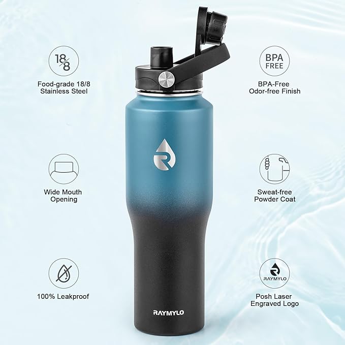 32 oz Insulated Water Bottle with Straw fit in Car Cup Holder, Triple Wall Vacuum Stainless Steel(Cold 48 hrs, Hot 24 hrs), Leakproof & Non-BPA, Hydro Travel Flask with Straw and Spout Lid