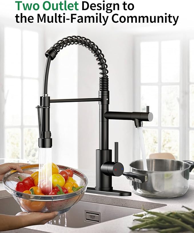 Commercial Pull-Down Kitchen Sink Faucet - Single Handle, Dual Spout, Stainless Steel, with Countertop & Sprayer (Black-03)