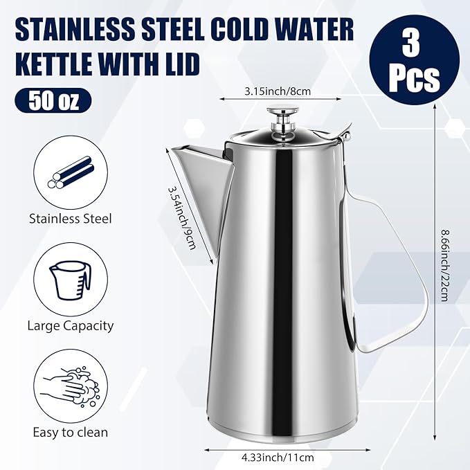 Honeydak 3 Pcs Stainless Steel Pitcher with Lid 1.5 Liter Stainless Steel Kettle Metal Cold Water Pitcher Large Capacity Tea Kettle Jug Beverage Dispenser Handle for Home Restaurant (Sliver)