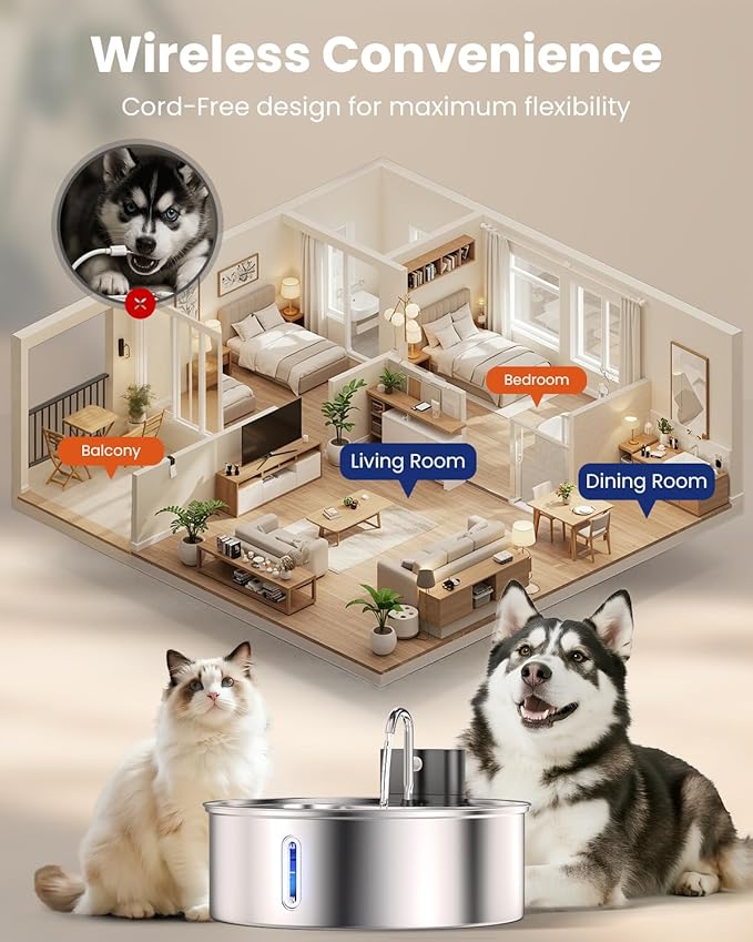 Wireless Dog Water Fountain for Large Dogs, 12L/3.2Gal Stainless Steel Dog Fountain Water Bowl with Sensor, Quiet Pump BPA-Free Automatic Water Dispenser for Cats Dogs Pets