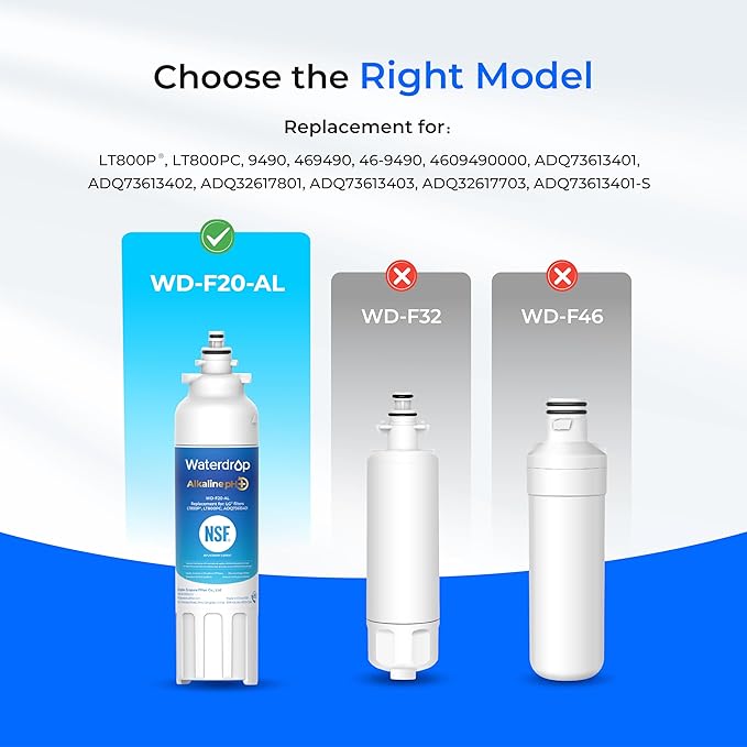 Waterdrop 𝐀𝐥𝐤𝐚𝐥𝐢𝐧𝐞 ADQ73613401 Water Filter, 𝐄𝐧𝐡𝐚𝐧𝐜𝐞𝐬 𝐩𝐇, Replacement for LG® LT800P®, ADQ73613402, ADQ75795104, LSXS26326S, LMXC23746S, LSXS26366S, LSXS26386D, 2 Filters - AquaVibe